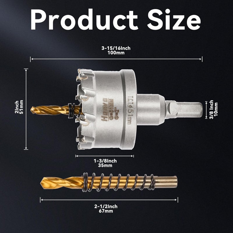 Henvo Hole Saw 2" (51mm) Heavy Duty Carbide with 2 Pilot Drill Bits - Metal Hole Cutter Cuts Stainless Steel, Iron, Copper, Brass, Plastic - Image 2